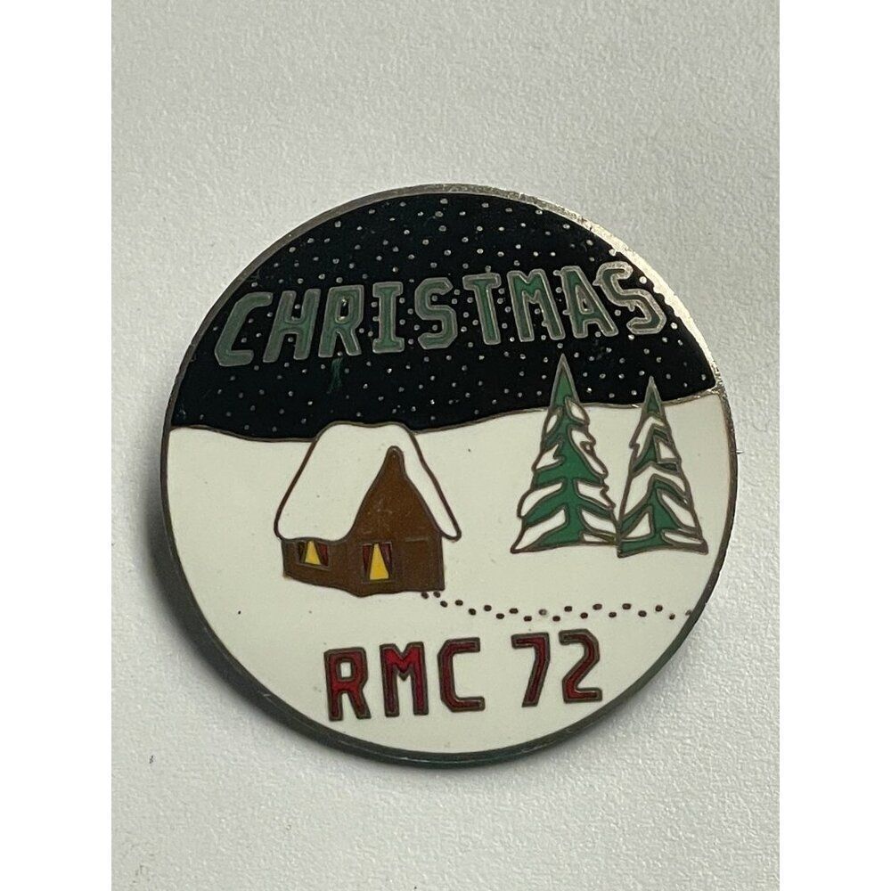 Vintage Balfour RMC 72 Christmas Enamel Pin Cabin Trees